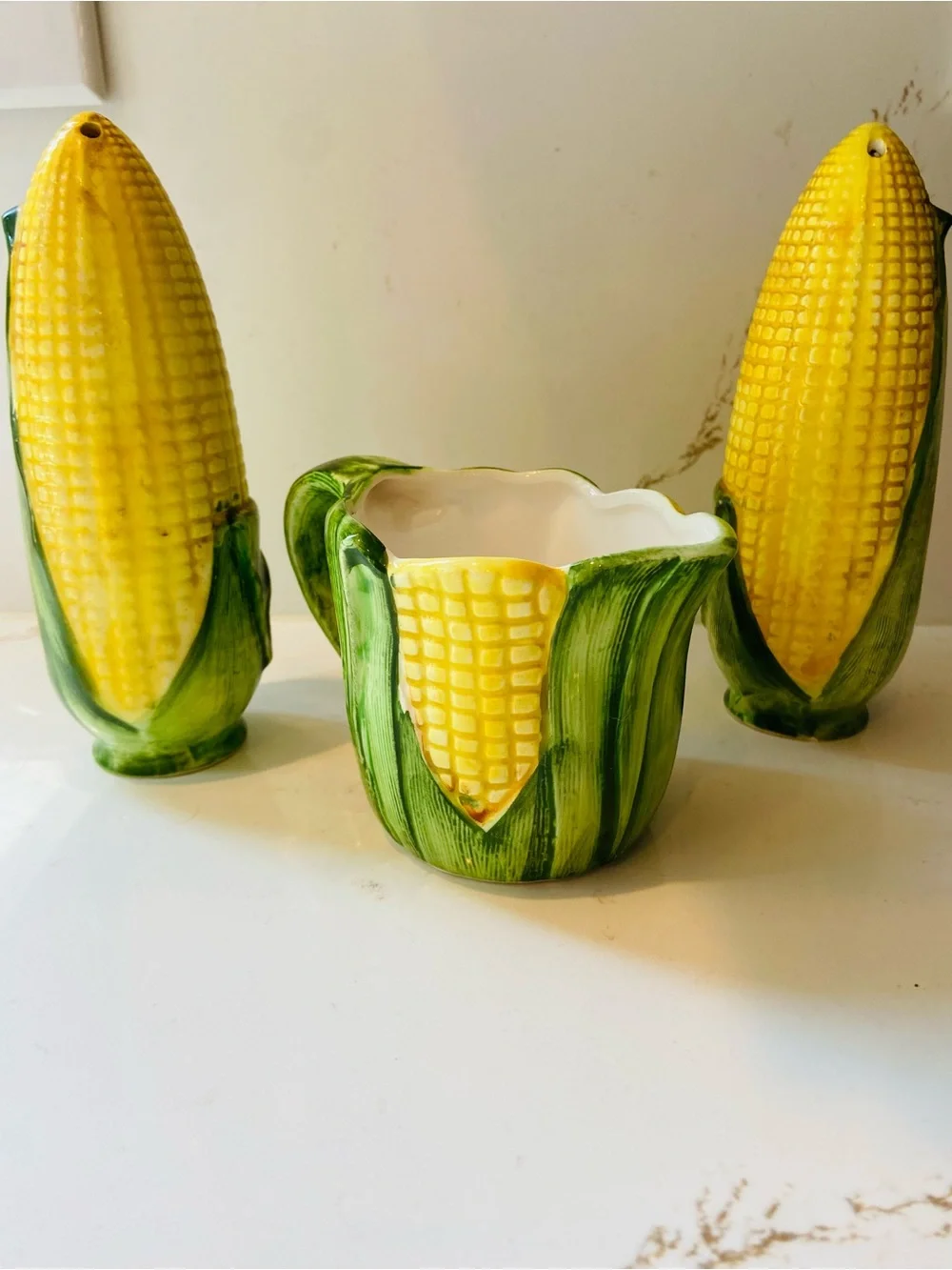 Vintage Corn on the Cob Salt & Pepper Shaker Set with Mini Creamer / Sugar Cup